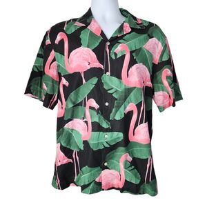 H&M LOGG Size L Flamingo Tropical Print Short Sleeve Button Up Shirt